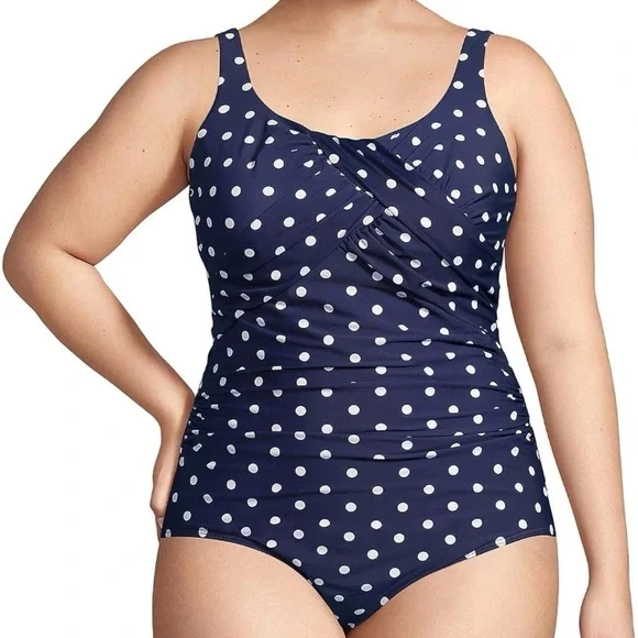 LANDS' END Blue Polka Dot Slimming One-Piece Swimsuit Size 18W Modest Feminine - Picture 3 of 9